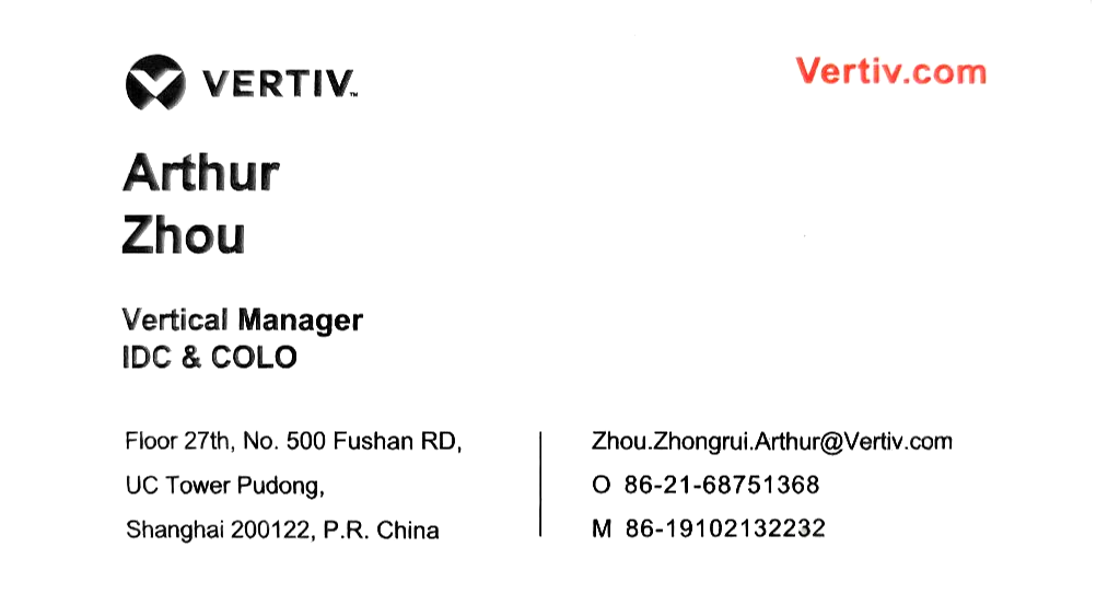 Arthur Zhou · Vertiv business card
